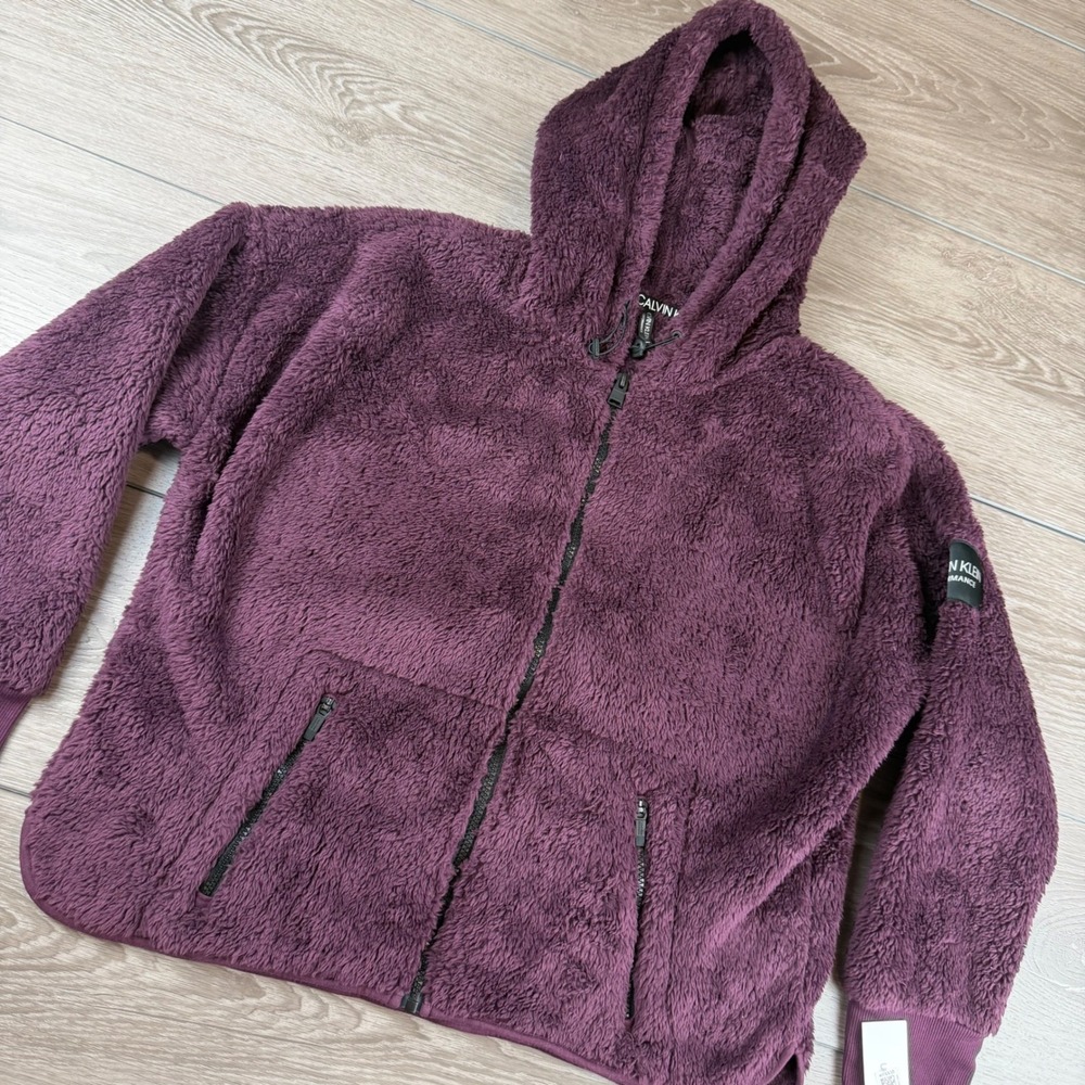Calvin Klein Women Hoodie Performance Faux Fur Sherpa Fleece Purple XL